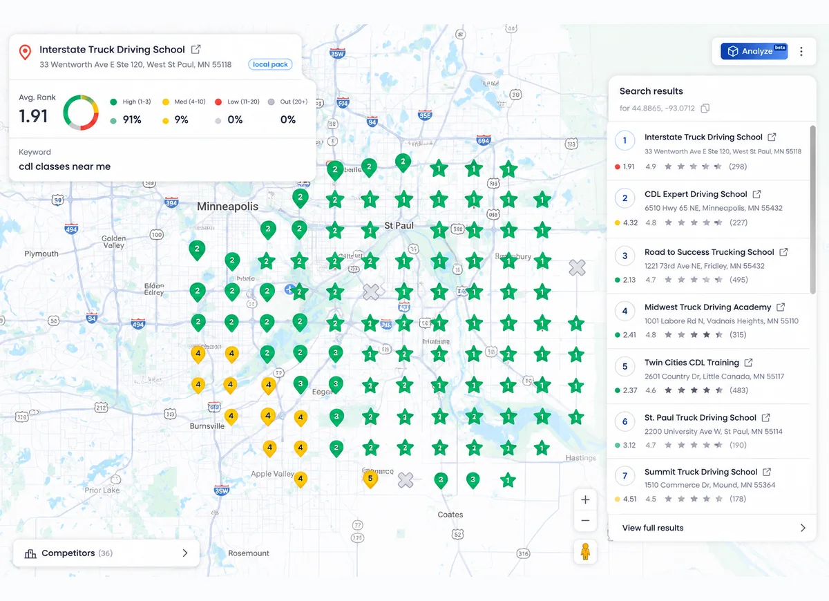 Local Google ranking heatmap for a CDL school showing visibility across its recruiting market.