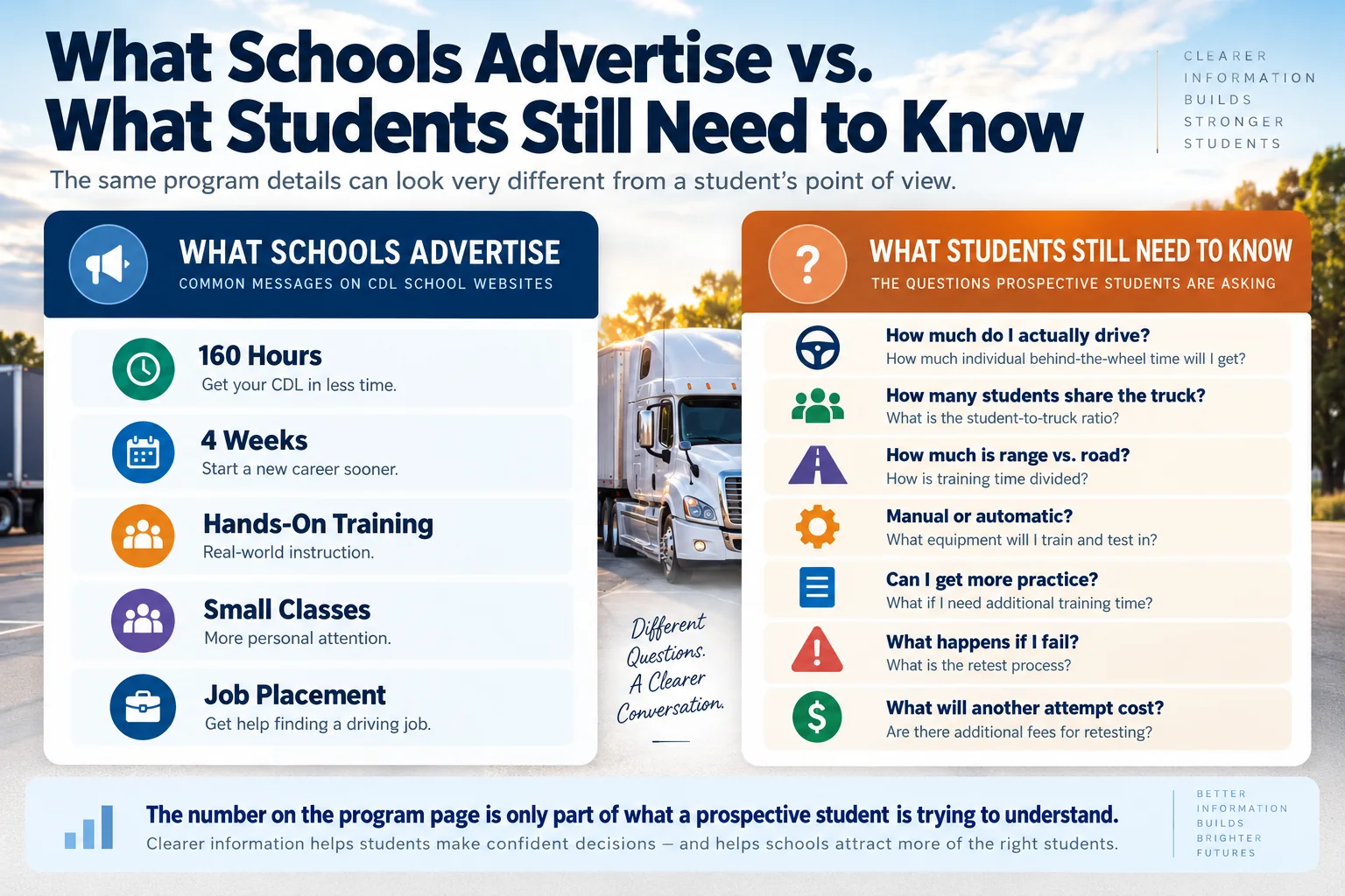 CDL School Training Transparency: What Students Still Need to Know CDL school training infographic comparing advertised program details with questions students ask about wheel time, truck access and retesting.