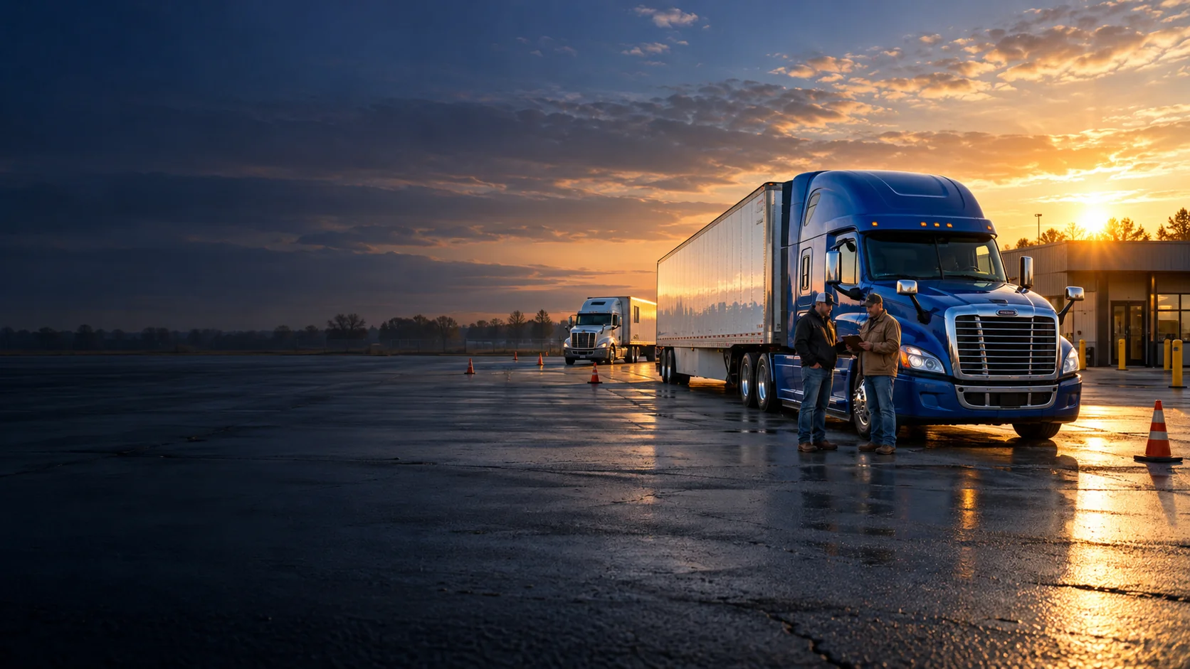 CDL School Growth Center — Training Yard at Sunrise Blue semi-truck at a CDL training yard at sunrise, with two people reviewing a clipboard.