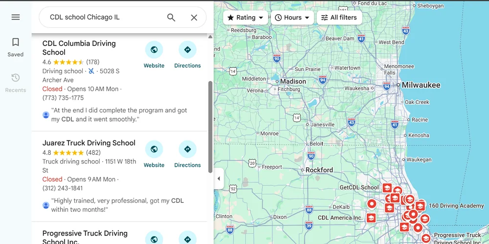 Google Maps results for CDL schools in the Chicago market.