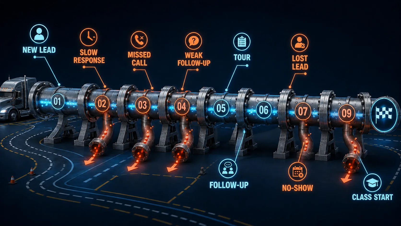 CDL school lead recruiting pipeline from new lead through slow response, missed call, weak follow-up, tour, follow-up, lost lead and no-show stages to class start.
