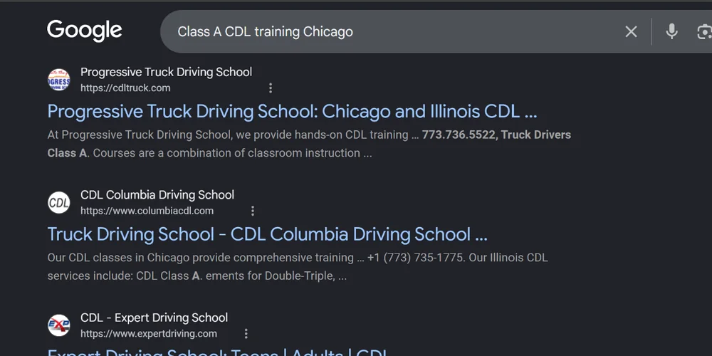 Google organic search results for Class A CDL training in Chicago.