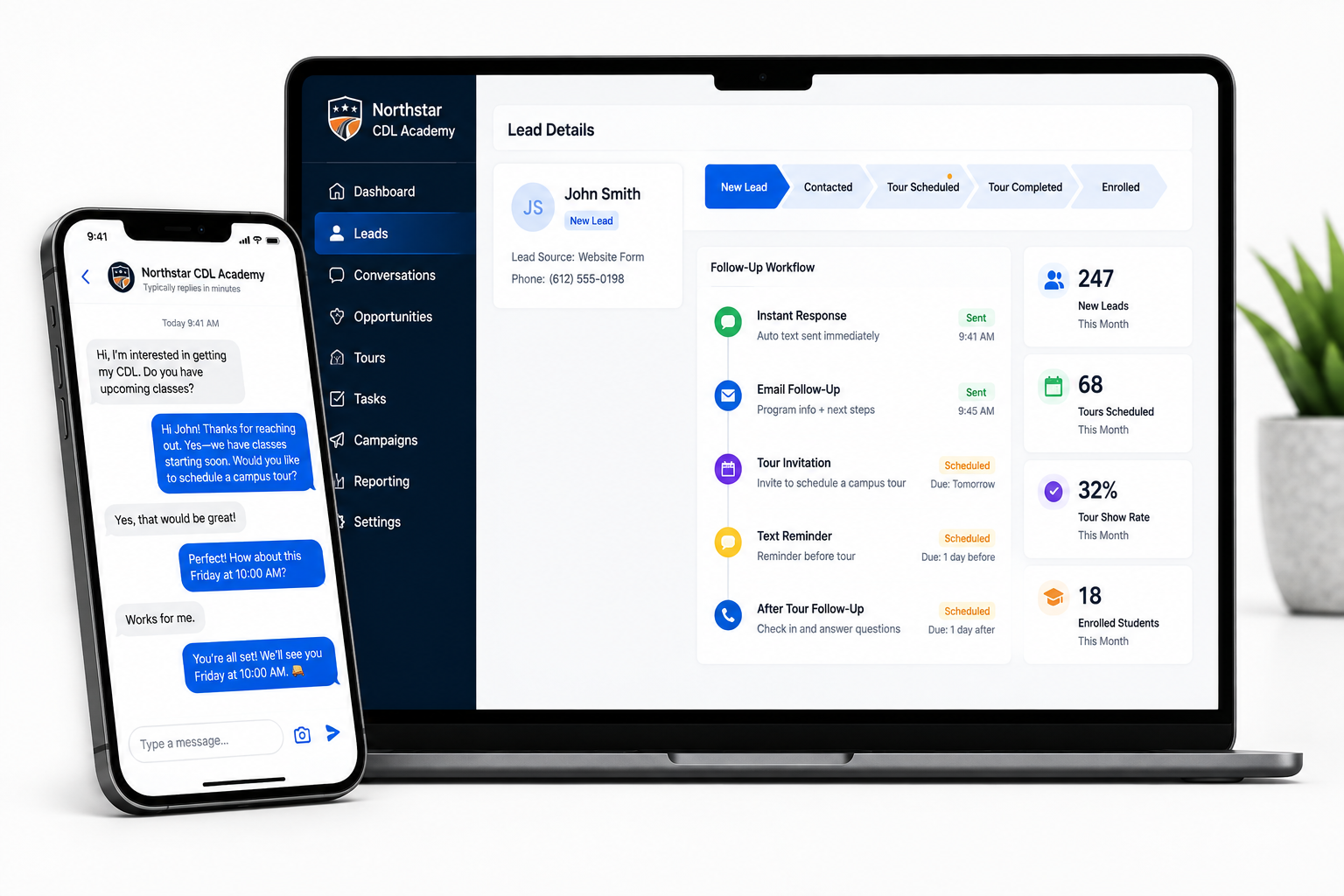 Prospective student text conversation and recruiting follow-up dashboard
