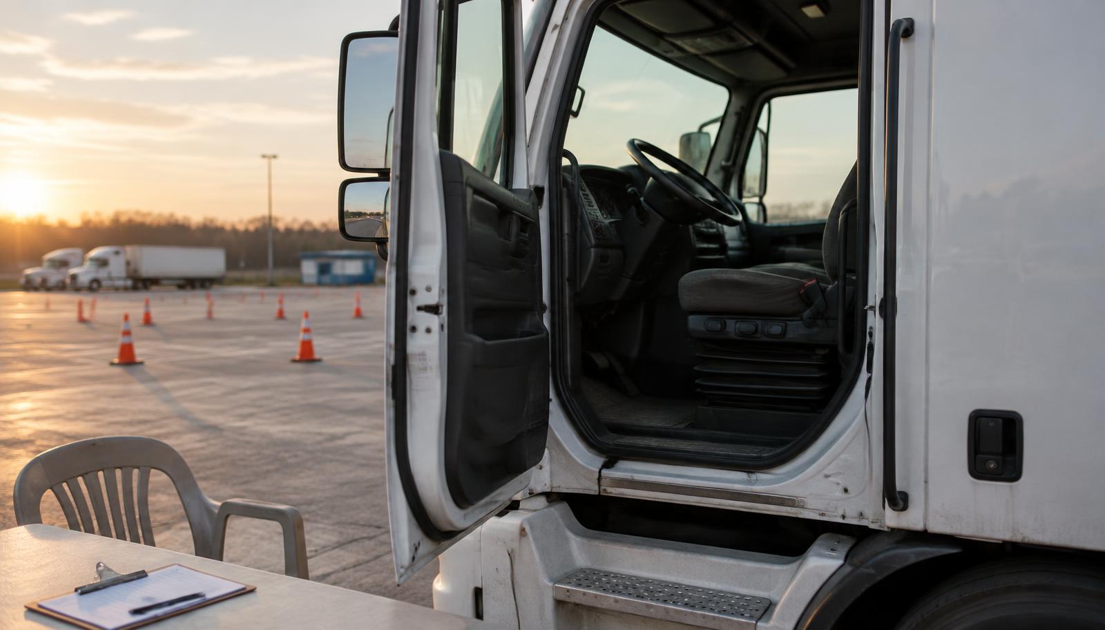 The open driver's door of a parked tractor-trailer with an empty seat on a quiet CDL training yard at sunrise, nobody in the cab