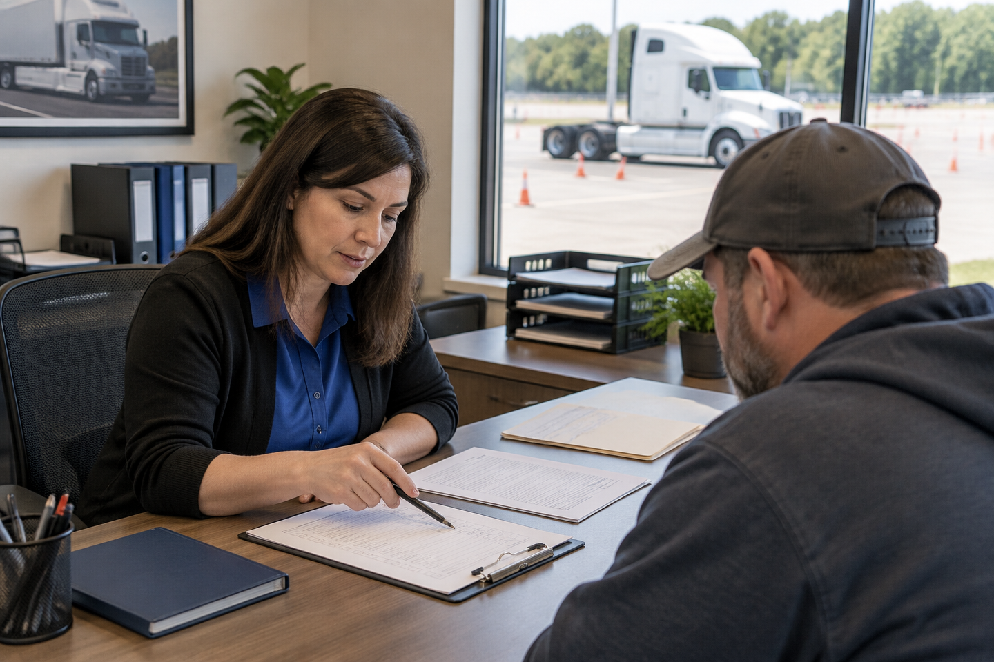 CDL school admissions coordinator reviewing enrollment documents with a prospective student beside a training yard