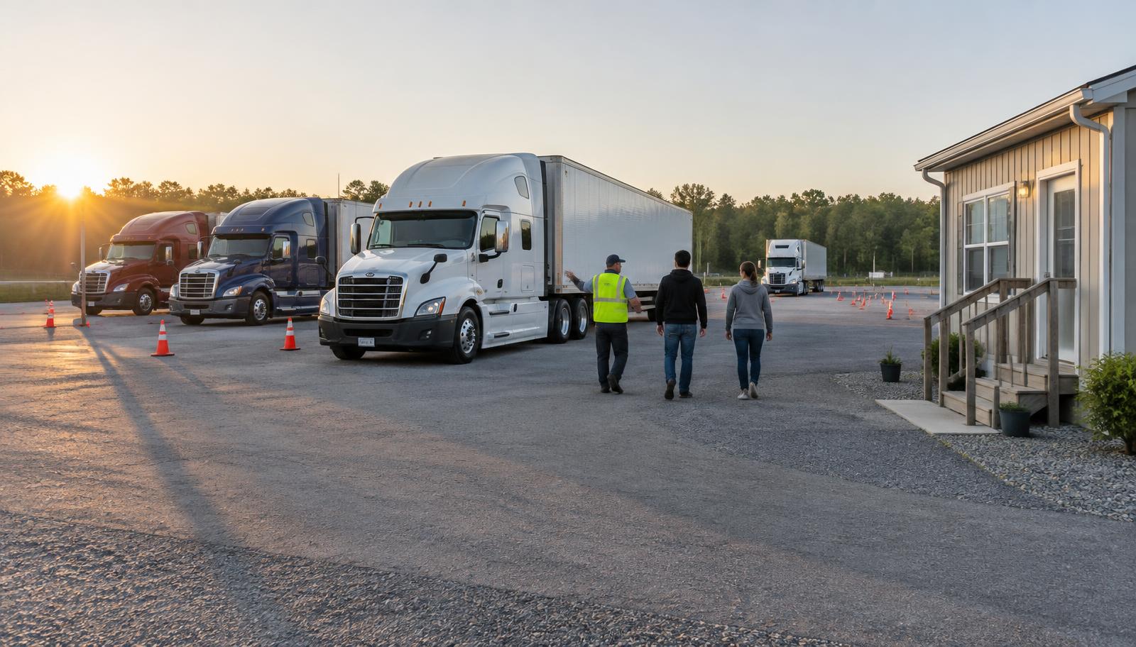 Instructor walking two prospective students across a private CDL school training yard with tractor-trailers at sunrise